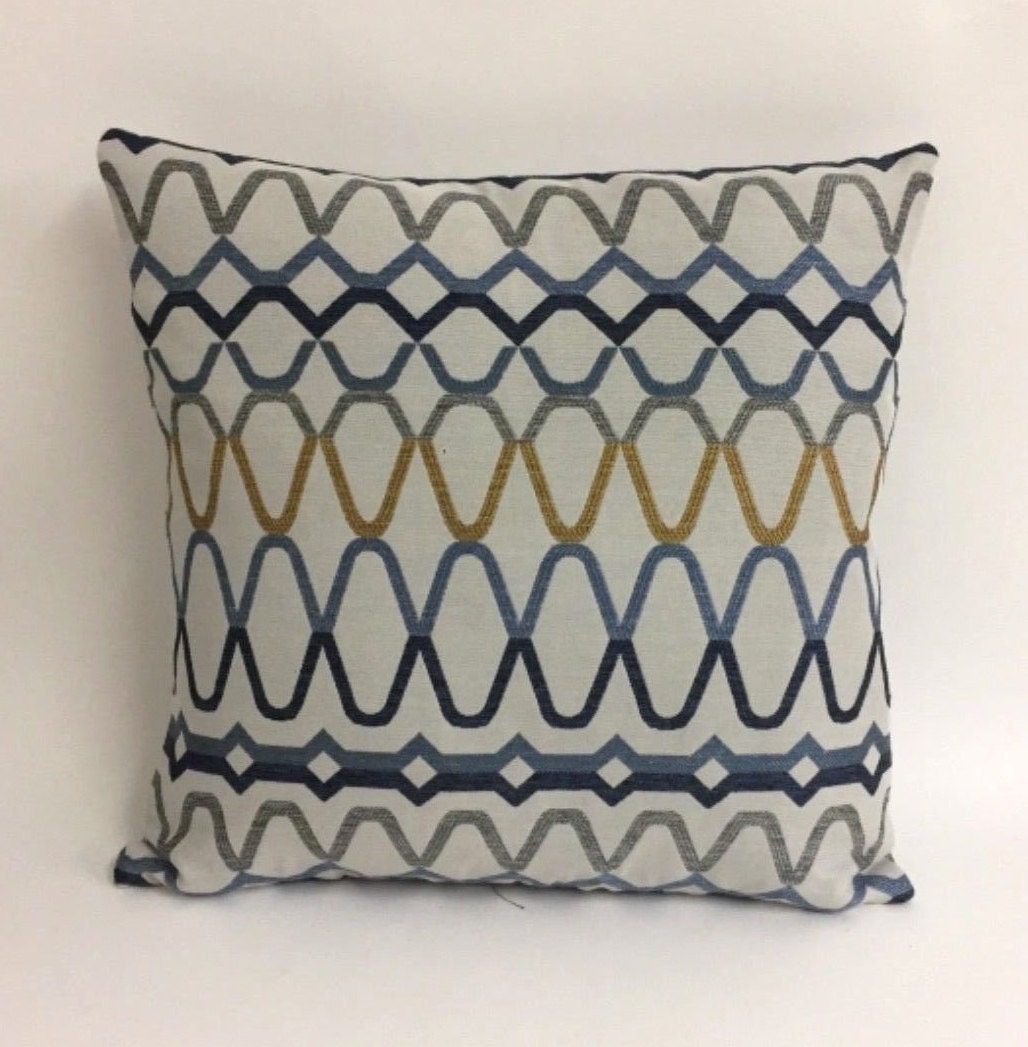 Scion - Ada - Shale / Denim / Ochre - Striking Embroidered Cushion Cover Handmade Throw Pillow Designer Home Decor