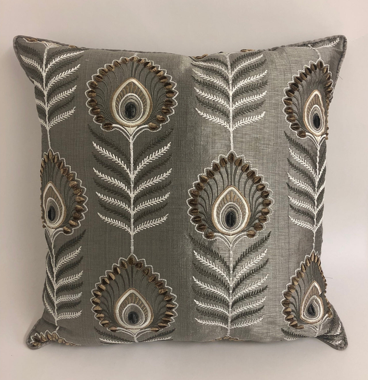 Jane Churchill - Colefax and Fowler - Sula - Silver - Bold Embroidered Peacock Feather Cushion Cover - Handmade Throw Pillow Designer Home