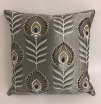 Thumbnail for Jane Churchill - Colefax and Fowler - Sula - Silver - Bold Embroidered Peacock Feather Cushion Cover - Handmade Throw Pillow Designer Home