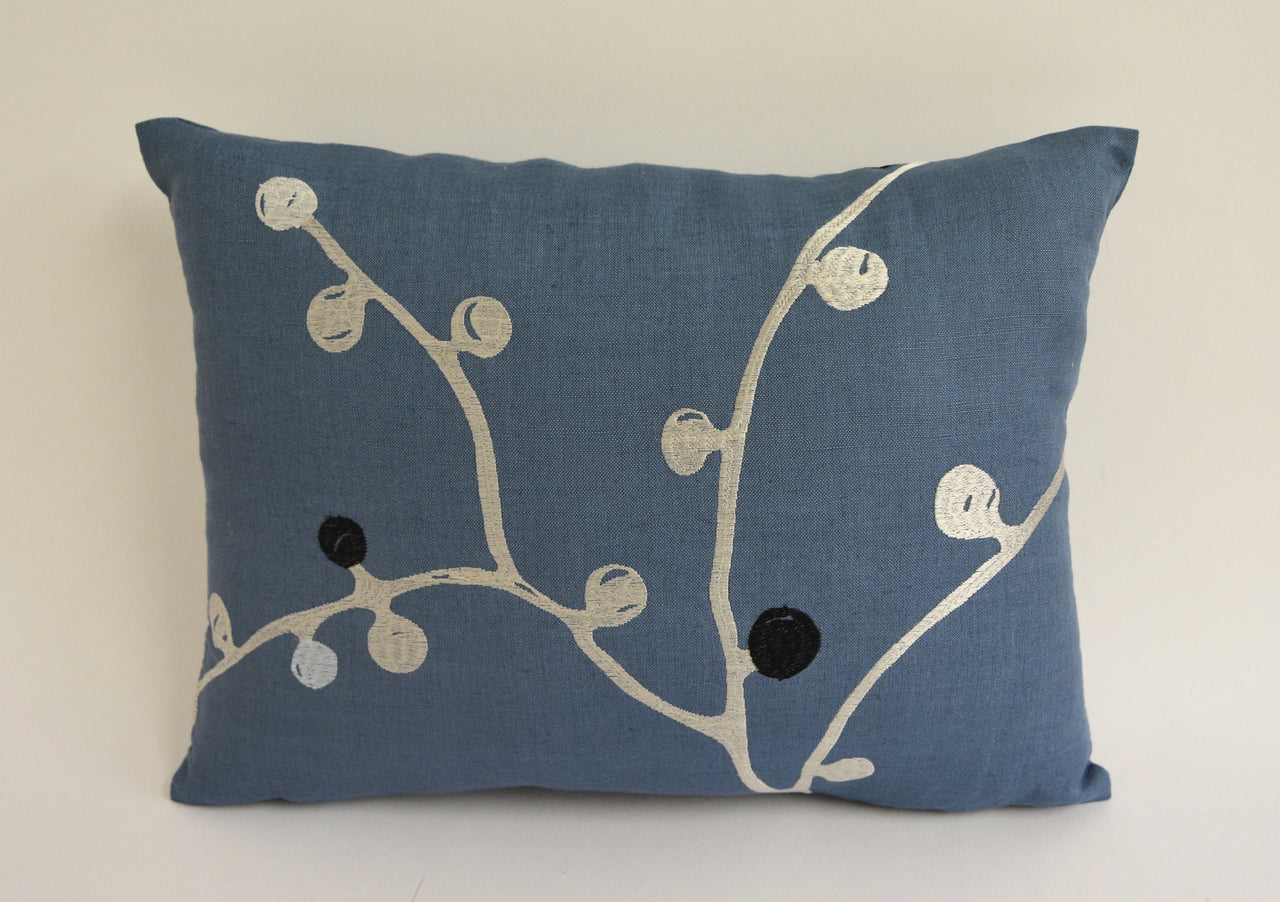 Scion - Baca - Denim / Indigo / Steel - Stylish Embroidered Floral Cushion Cover Handmade Throw Pillow Designer Home Decor