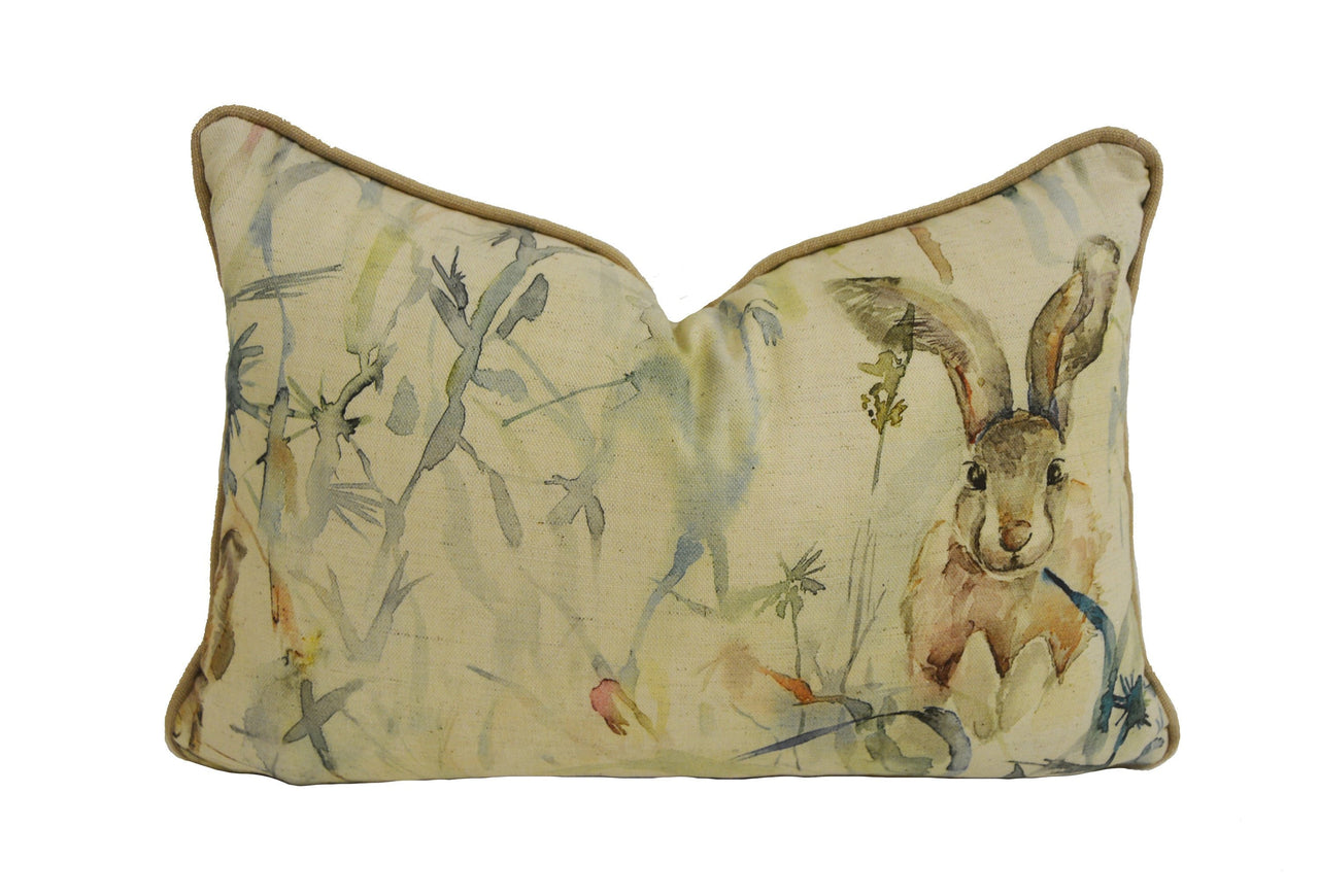 Voyage - Jack Rabbit - Linen - Playful Watercolour Rabbit & Thistle Cushion Cover - Handmade Throw Pillow Designer Home Decor