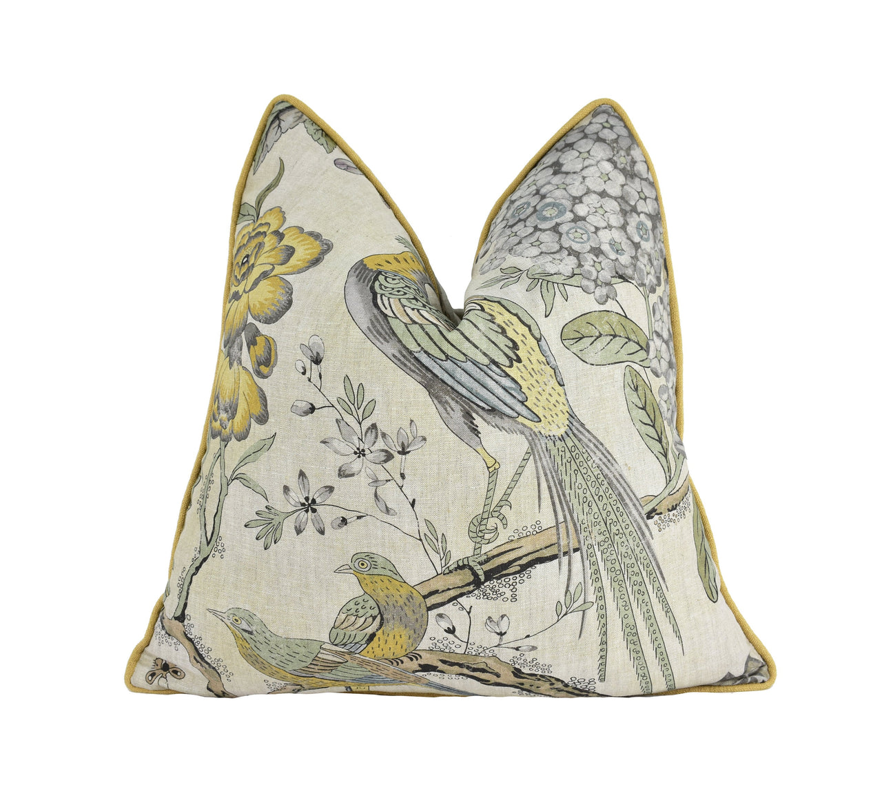 Anna French x Thibaut - Villeneuve - Yellow and Grey - Antique Avant Garde Bird Designer Cushion Cover - Luxury Throw Pillow - Handmade