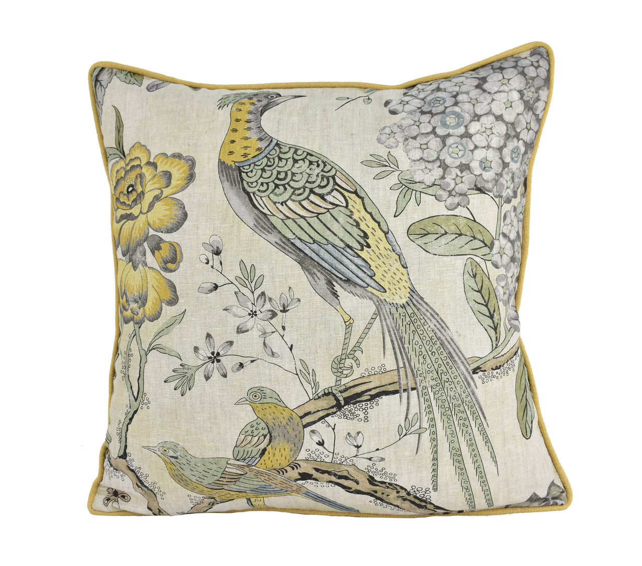 Anna French x Thibaut - Villeneuve - Yellow and Grey - Antique Avant Garde Bird Designer Cushion Cover - Luxury Throw Pillow - Handmade