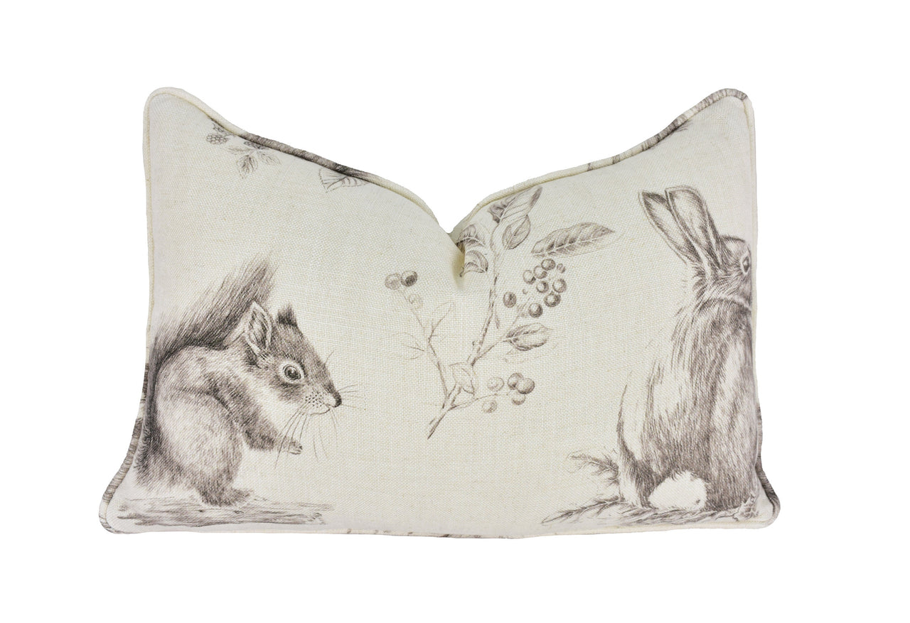 Sanderson - Squirrel & Hedgehog - Walnut / Linen - Self Piped Cushion Cover Throw Pillow Designer Home Decor