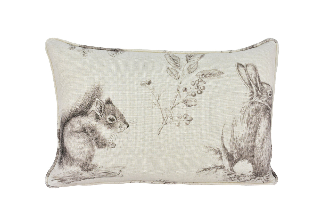 Sanderson - Squirrel & Hedgehog - Walnut / Linen - Self Piped Cushion Cover Throw Pillow Designer Home Decor