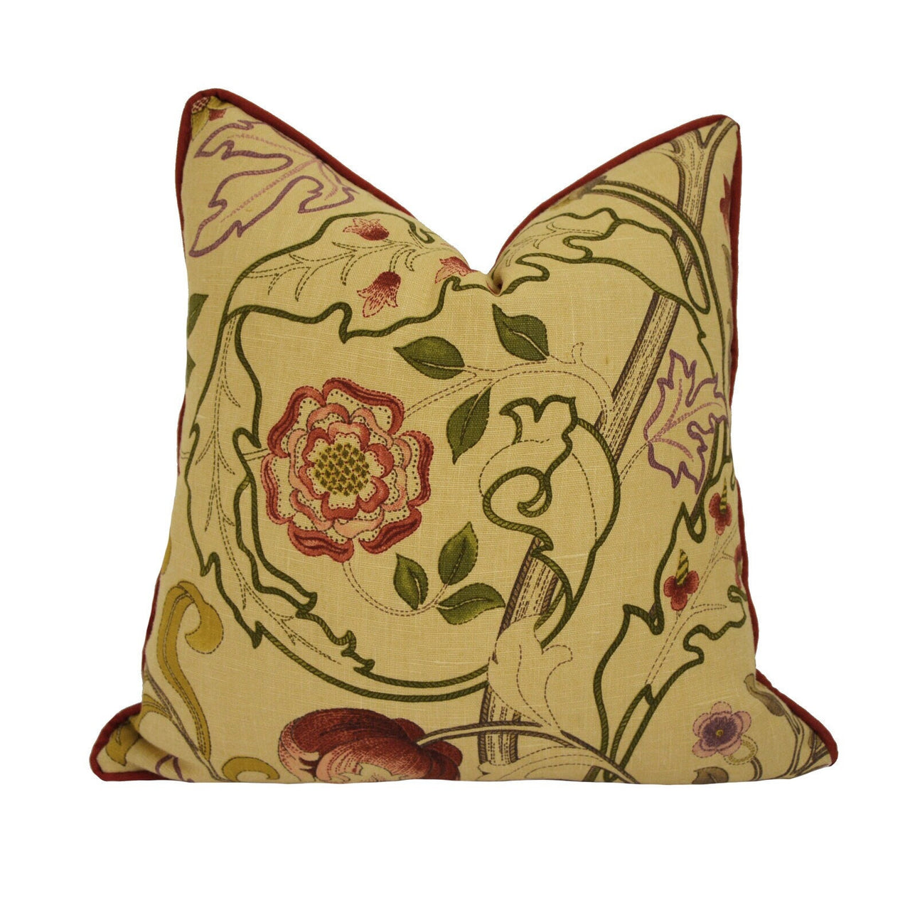 William Morris - Mary Isobel - Red / Gold - Contrast Piped Cushion Cover Throw Pillow Designer Home Decor