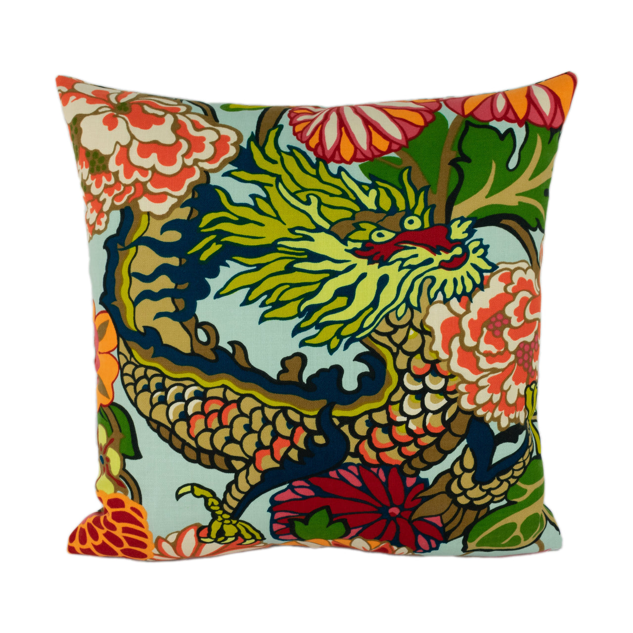 Schumacher - Chiang Mai Dragon - Aquamarine - Art Deco Chinoiserie Designer Cushion Cover - Handmade Throw Pillow Luxury Home Decor