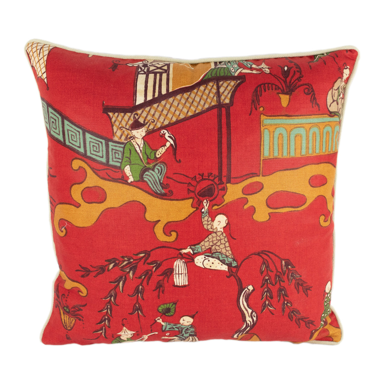 Sanderson - Pagoda River - Red / Gold - Asian Chinoiserie Inspired Piped Cushion Cover - Handmade Throw Pillow - Designer Home Décor