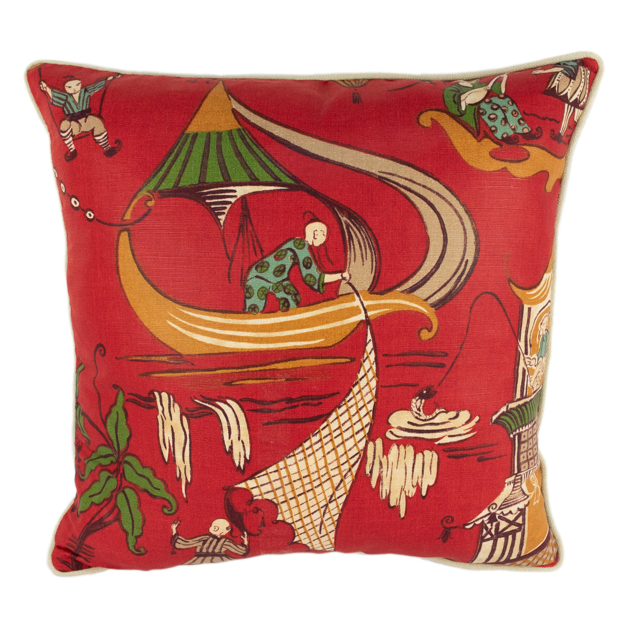 Sanderson - Pagoda River - Red / Gold - Asian Chinoiserie Inspired Piped Cushion Cover - Handmade Throw Pillow - Designer Home Décor