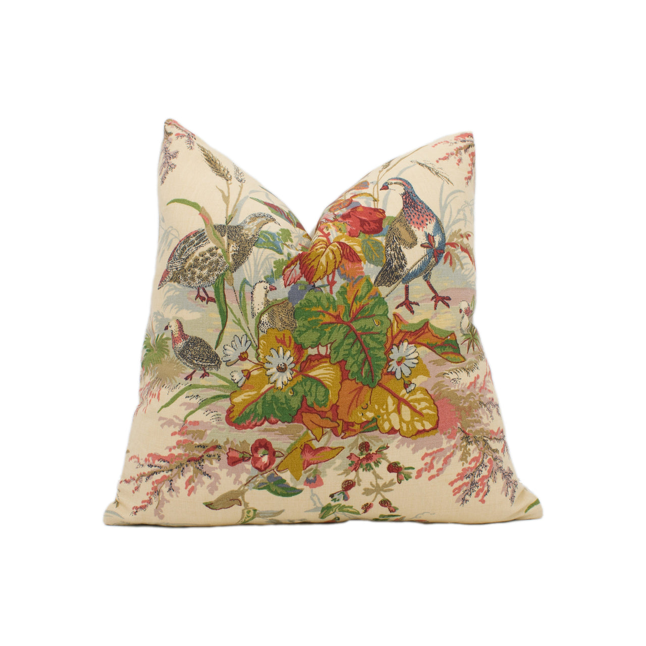 Schumacher - Quail Meadow - Summer - Eclectic Quail Trio Floral - Designer Cushion Cover - Handmade Throw Pillow - Luxury Home Decor