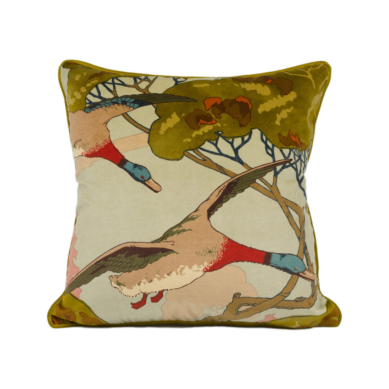 Mulberry - Flying Ducks - Sky - Stunning Velvet Cushion Cover Handmade Contrast Piped Throw Pillow Designer Home Décor