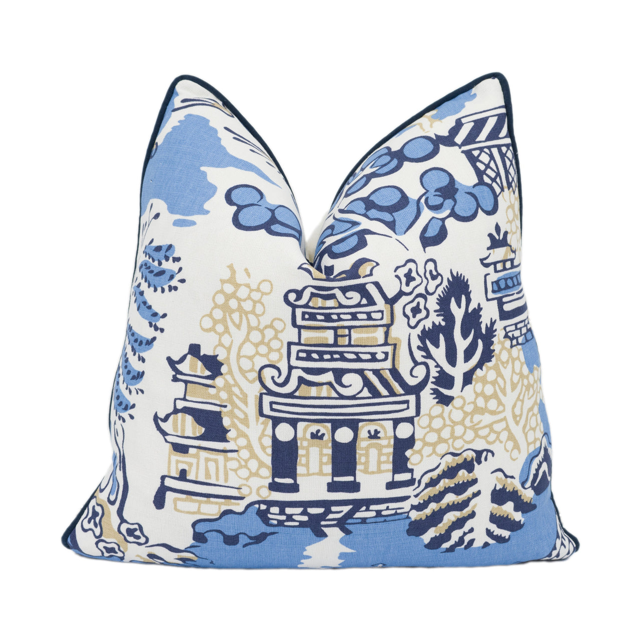 Thibaut - Luzon - Blue - Beautiful Asian Inspired Cushion Cover Handmade Contrast Piped Throw Pillow Designer Home Décor