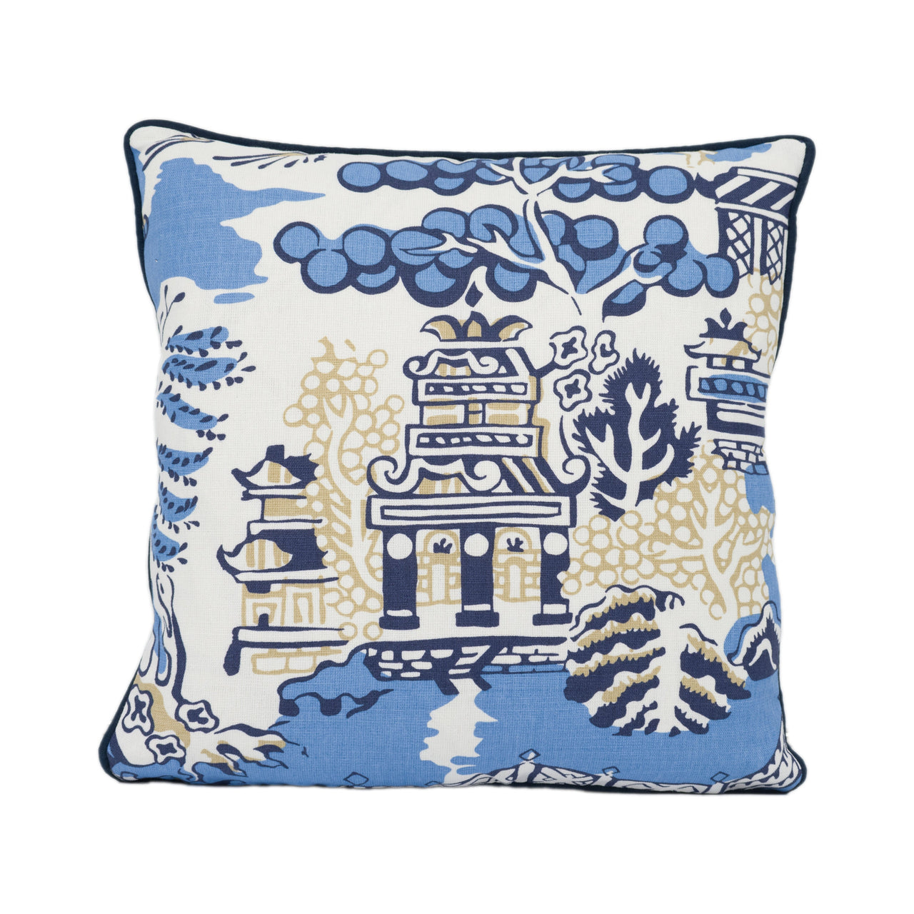 Thibaut - Luzon - Blue - Beautiful Asian Inspired Cushion Cover Handmade Contrast Piped Throw Pillow Designer Home Décor