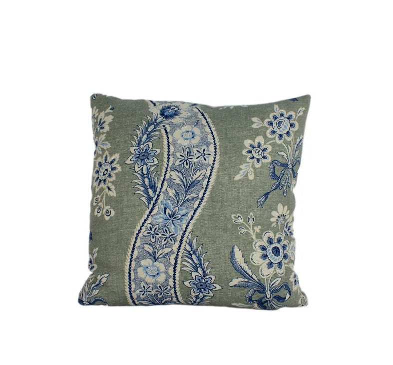 Schumacher - Le Castellet - Gris & Bleu - Provençal Motif Floral Ribbon - Designer Cushion Cover Handmade Throw Pillow - Luxury Home Decor