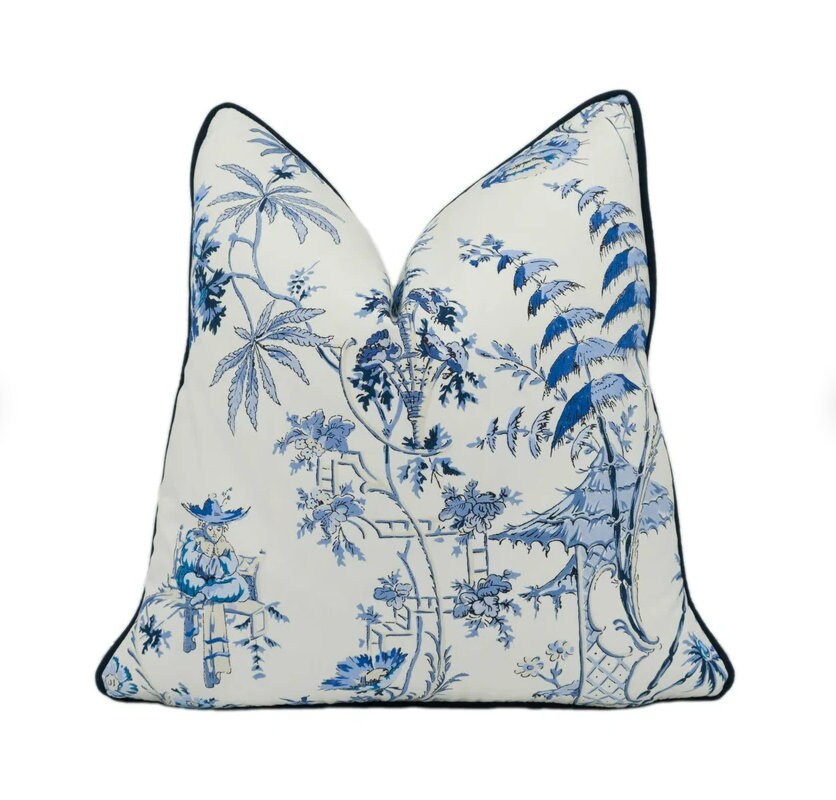 Scalamandre - Nanjing - China Blue - Ancient Chinese Chinoiserie Designer Cushion Cover - Handmade Throw Pillow Luxury Home Decor