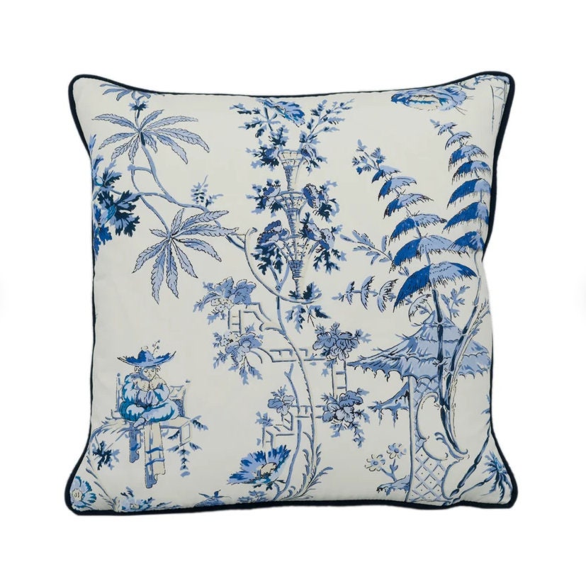 Scalamandre - Nanjing - China Blue - Ancient Chinese Chinoiserie Designer Cushion Cover - Handmade Throw Pillow Luxury Home Decor