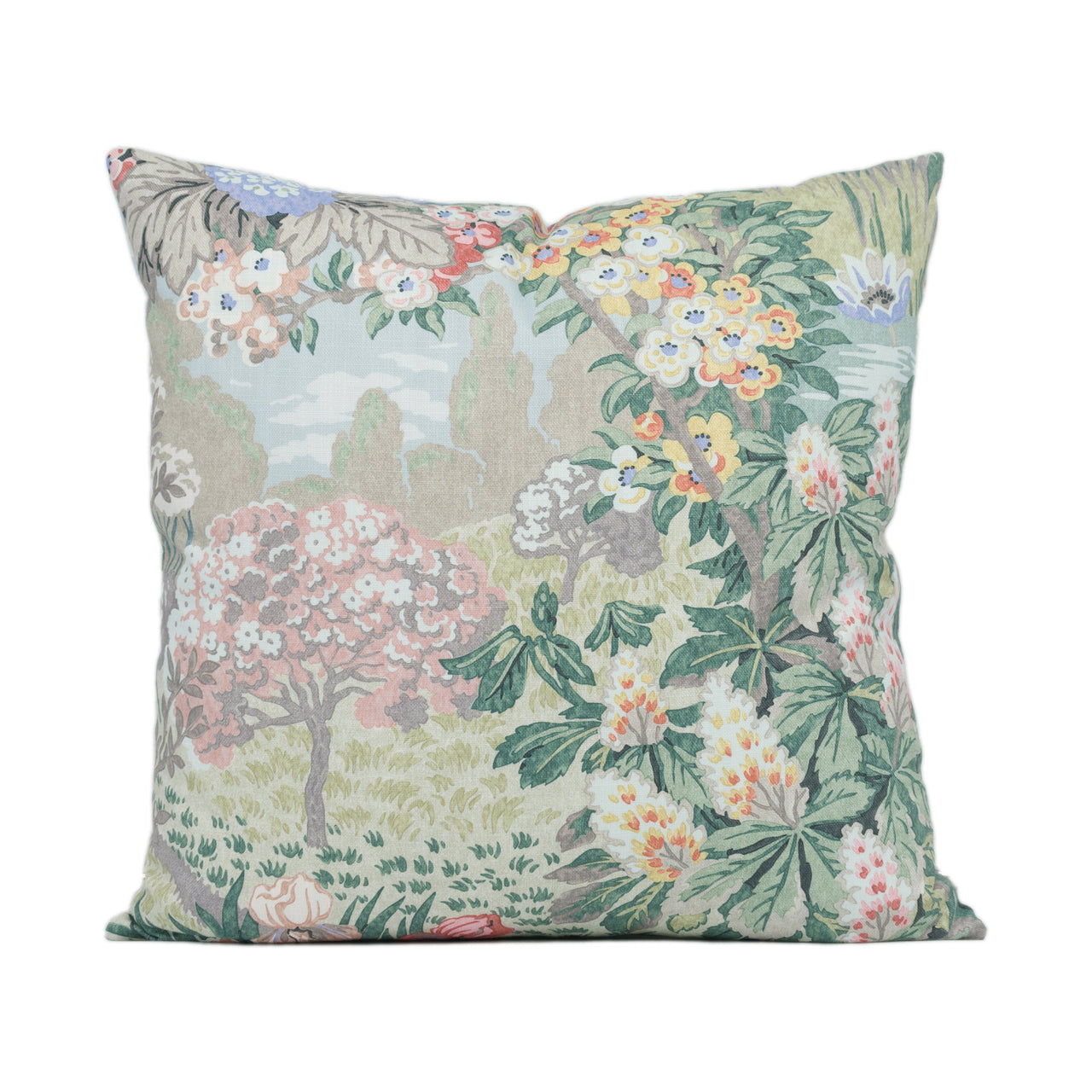 Jane Churchill - Greenway - Soft Green / Pink - Beautiful Scenic Flora and Fauna Cushion Cover - Handmade Throw Pillow - Designer Home Décor