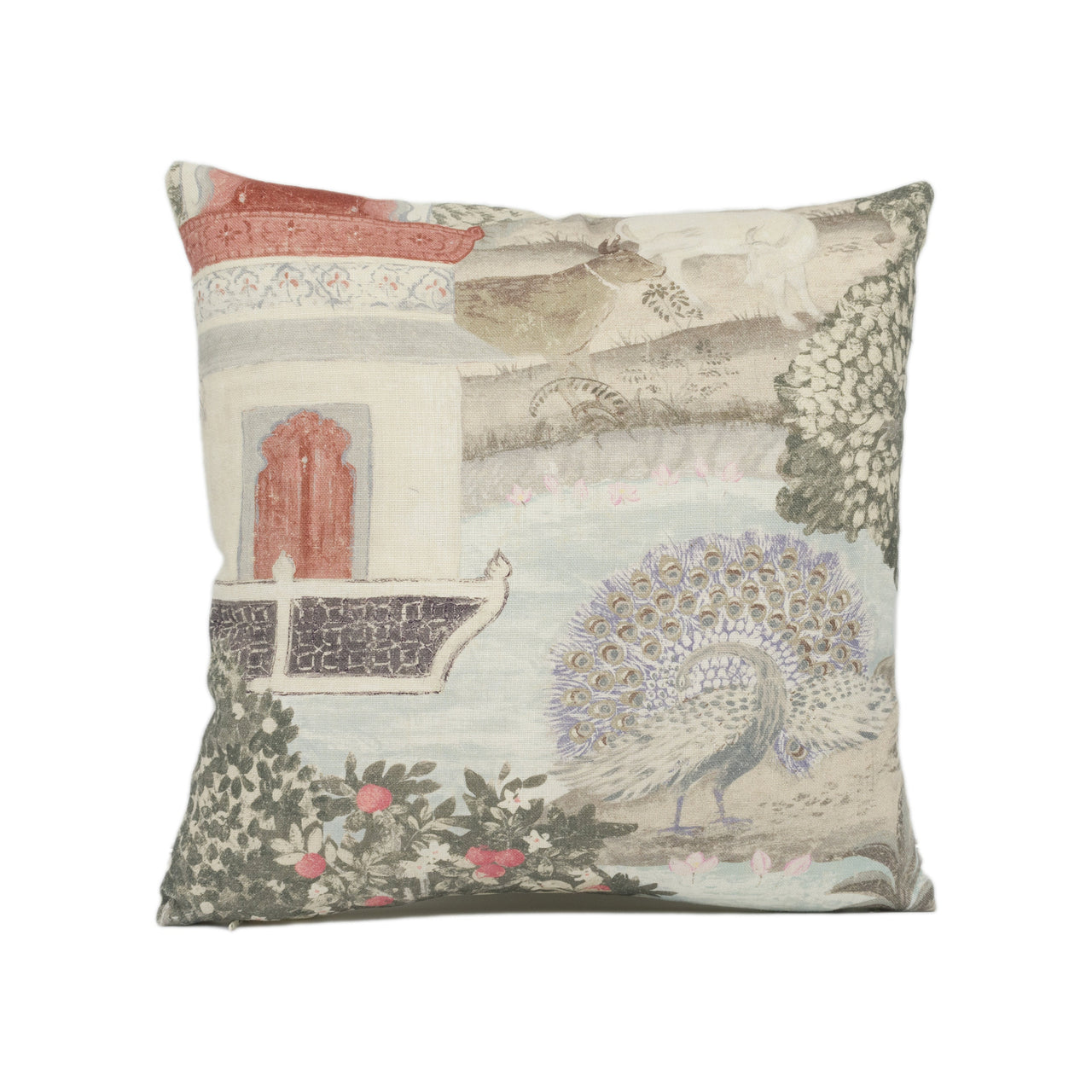 Zoffany - Peacock Garden - Linen / Silver - Indian Landscape Garden Cushion Cover - Handmade Throw Pillow - Designer Home Décor