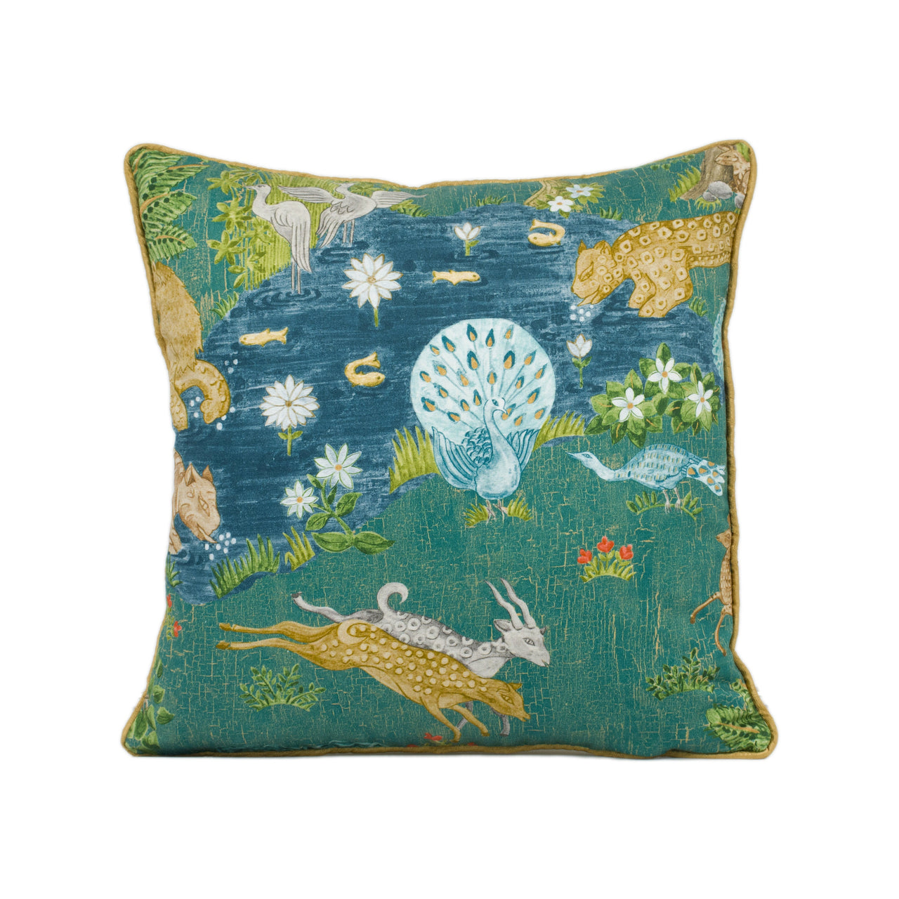 Sanderson - Pamir Garden - Teal - Gold Contrast Piped Animal Scene Cushion Cover - Handmade Throw Pillow - Designer Home Décor