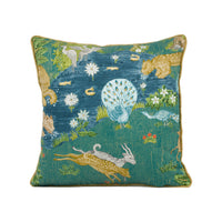 Thumbnail for Sanderson - Pamir Garden - Teal - Gold Contrast Piped Animal Scene Cushion Cover - Handmade Throw Pillow - Designer Home Décor