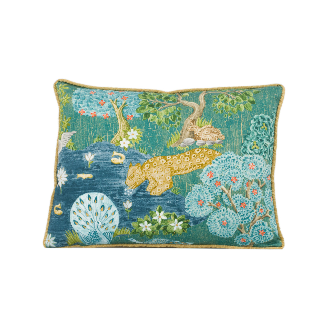 Sanderson - Pamir Garden - Teal - Gold Contrast Piped Animal Scene Cushion Cover - Handmade Throw Pillow - Designer Home Décor