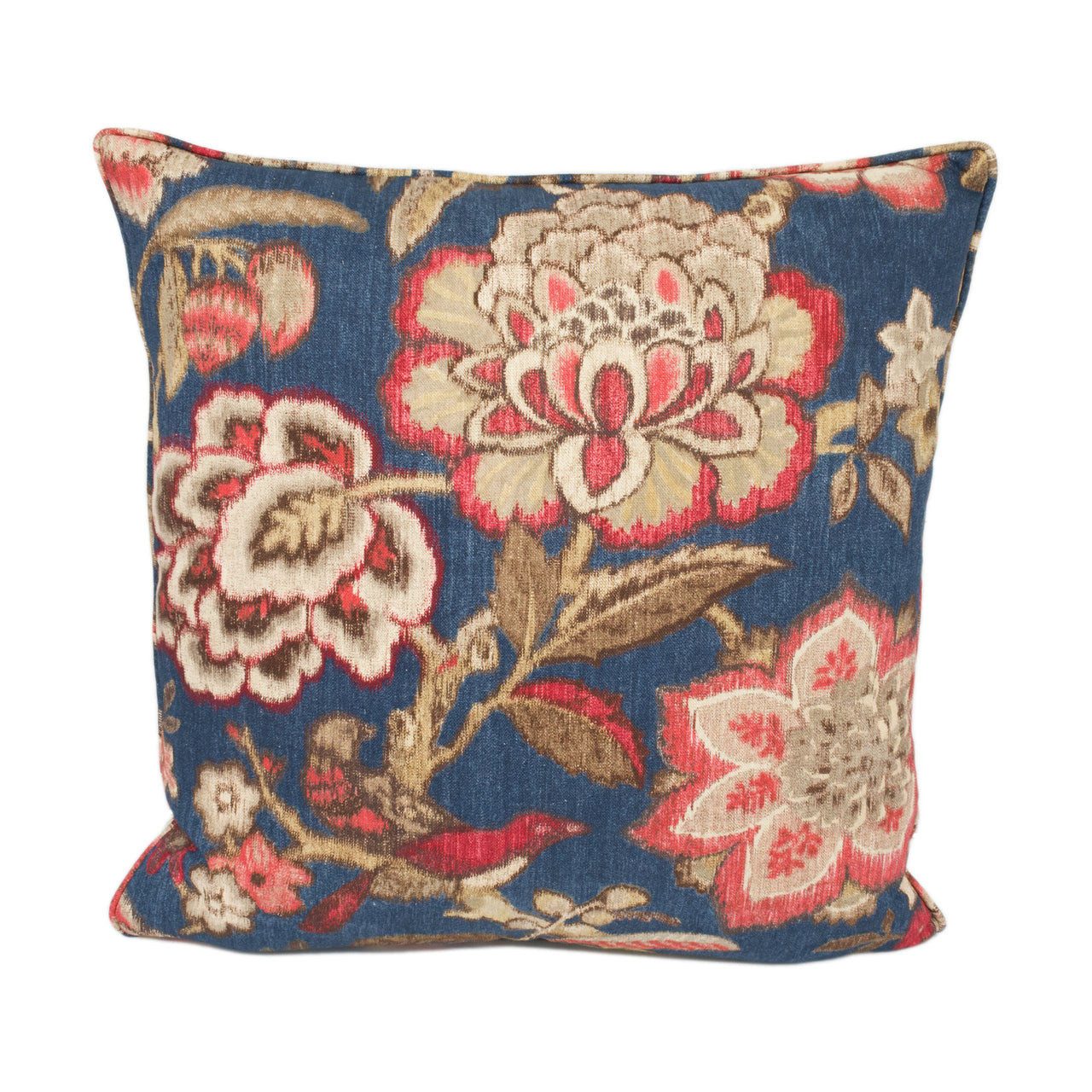 Sanderson - Indra Flower - Indigo / Cherry - Self Piped Ikat Inspired Floral Cushion Cover - Handmade Throw Pillow - Designer Home Décor