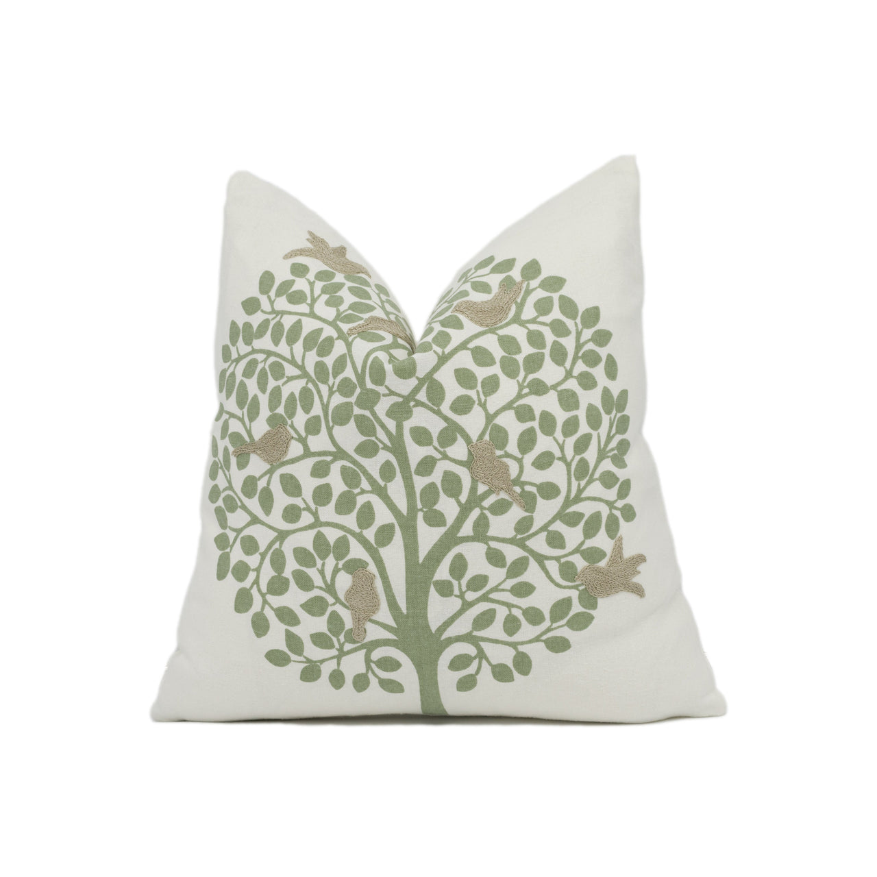 Sanderson - Bay Tree - Celadon - Stylized Tree and Embroidered Bird Cushion Cover - Handmade Throw Pillow - Designer Home Décor