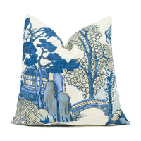 Thumbnail for Thibaut - Asian Scenic - Blue and Beige - Chic Chinoiserie Inspired Cushion Cover - Handmade Throw Pillow - Designer Home Décor