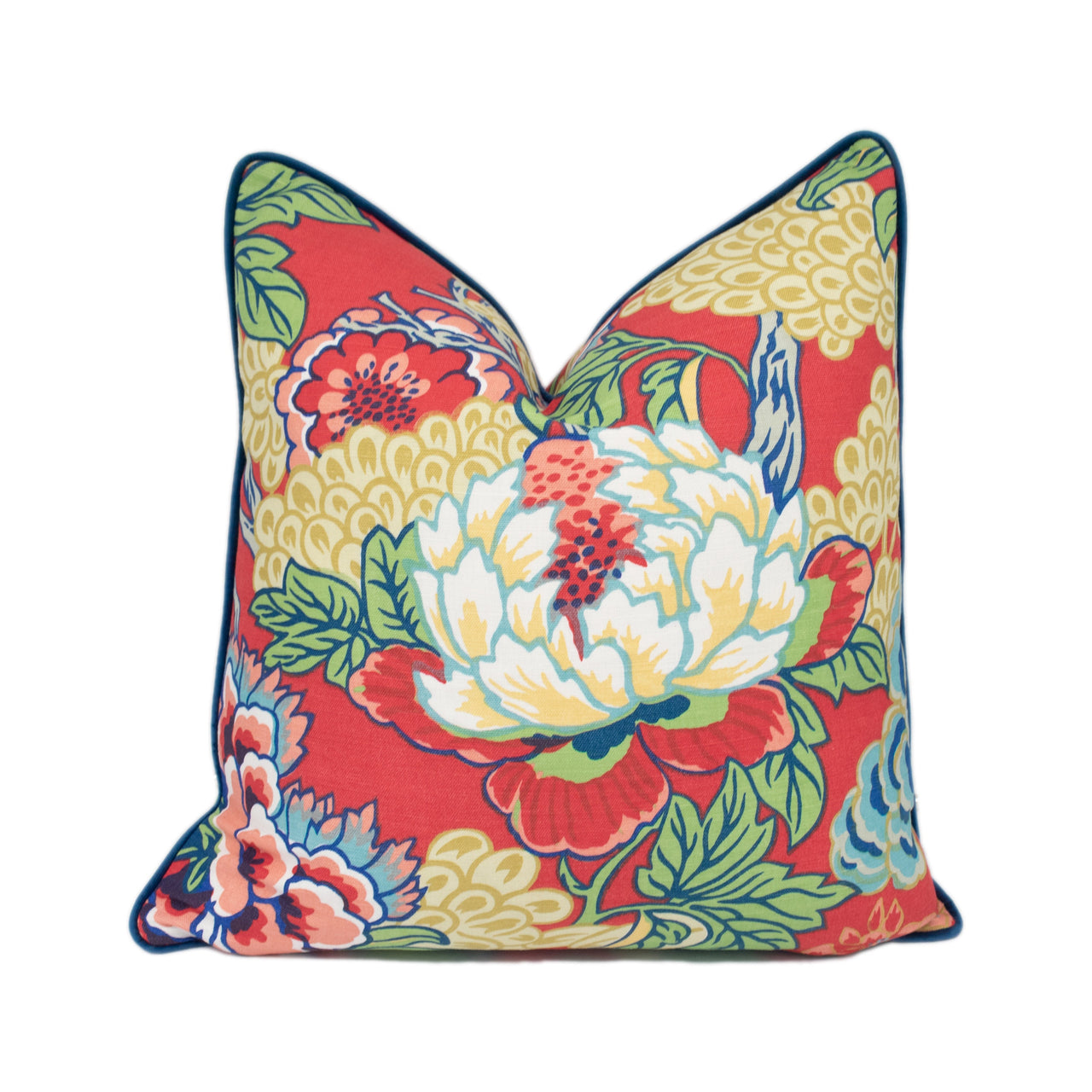 Thibaut - Honshu - Coral / Green - Large Scale Floral Japanese Garden Designer Cushion Cover - Luxury Throw Pillow - Handmade Home Decor