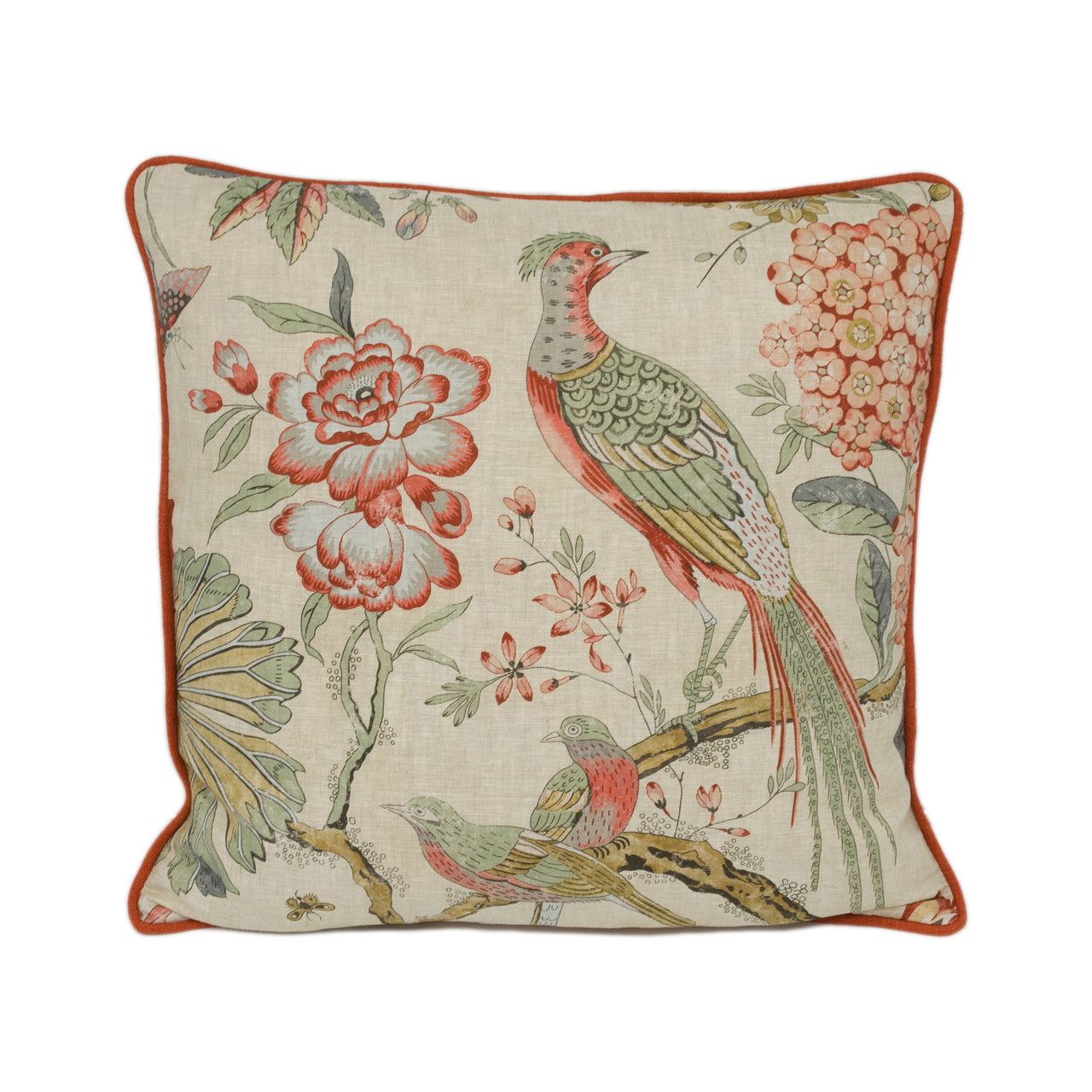 Anna French x Thibaut - Villeneuve - Coral on Flax - Antique Avant Garde Bird Designer Cushion Cover - Luxury Throw Pillow - Handmade Home