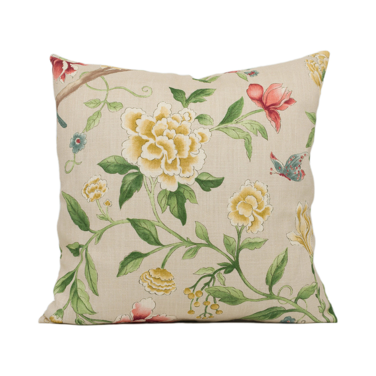 Sanderson - Porcelain Garden - Red / Beige - Delicate Floral and Bird Cushion Cover - Handmade Throw Pillow - Designer Home Décor