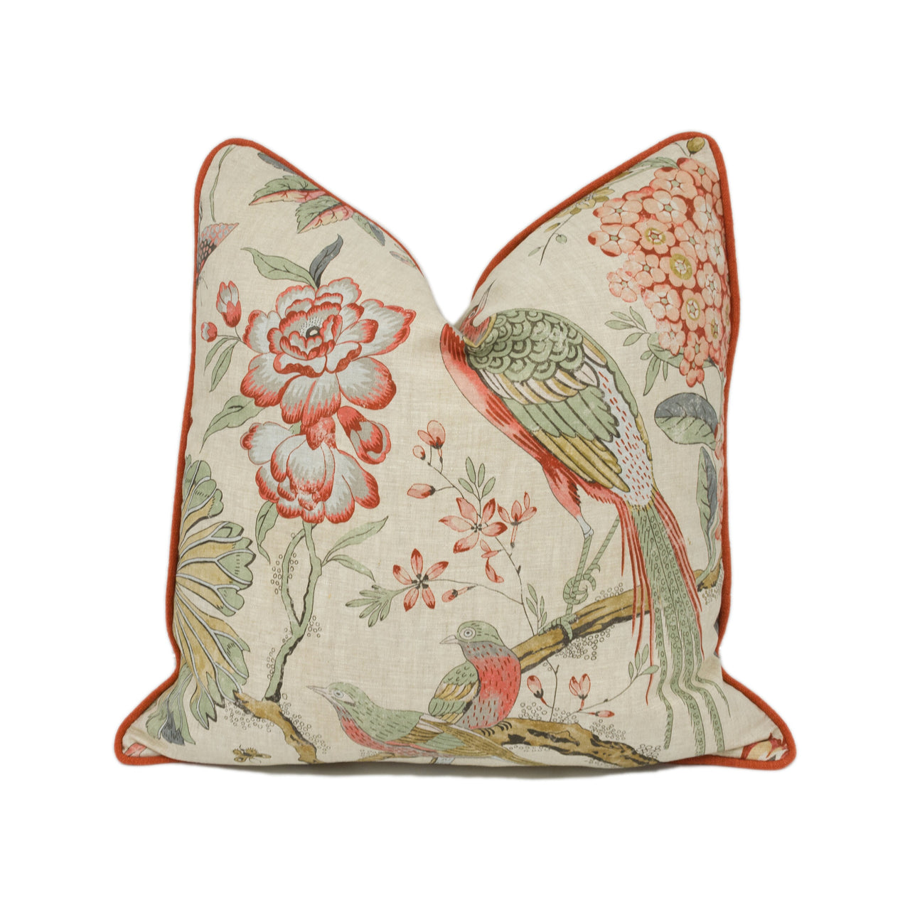 Anna French x Thibaut - Villeneuve - Coral on Flax - Antique Avant Garde Bird Designer Cushion Cover - Luxury Throw Pillow - Handmade Home