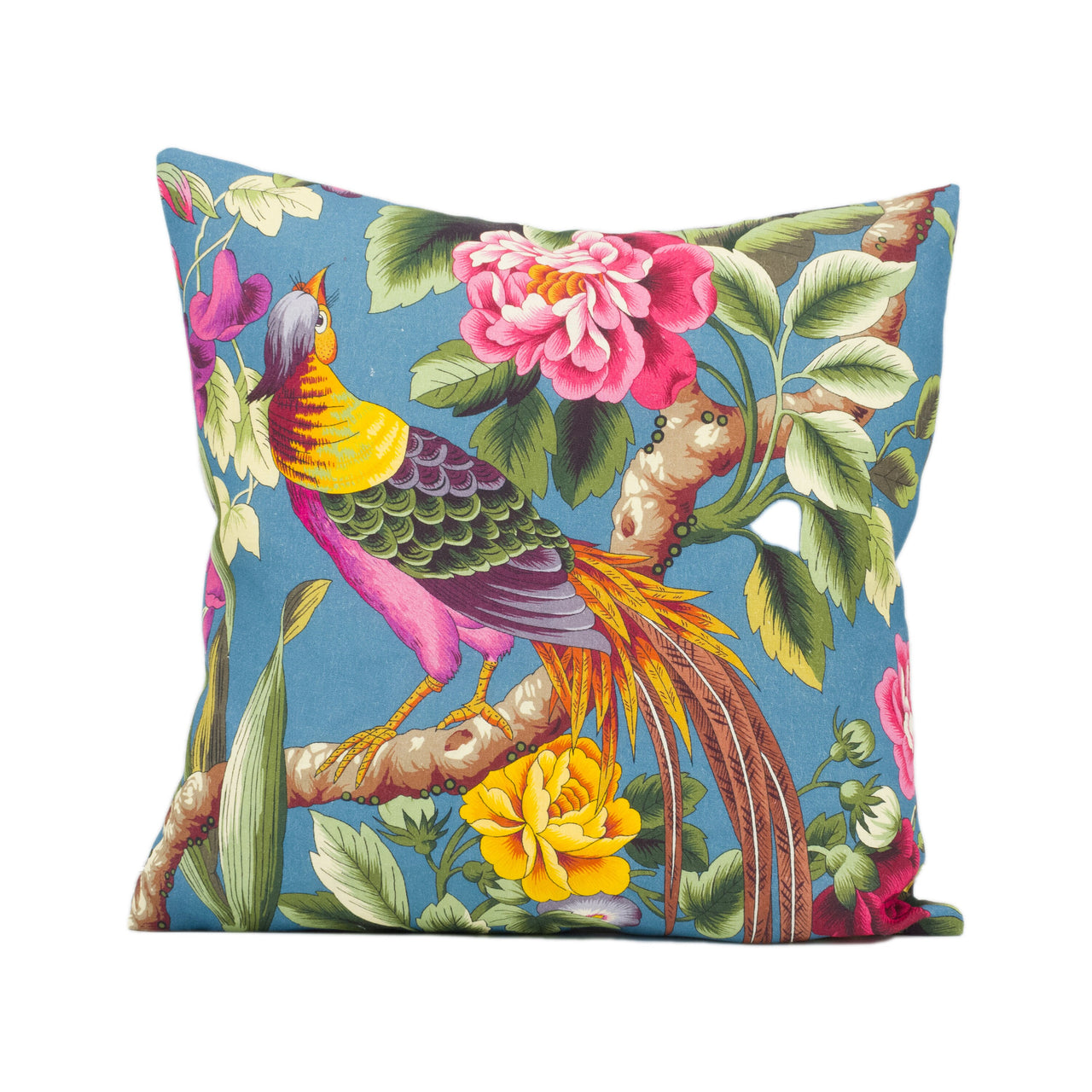 Charles Burger - Toile Pheasans - Multi on Bleu - Bright Florals & Birds Cushion Cover - Handmade Throw Pillow - Designer Home Décor