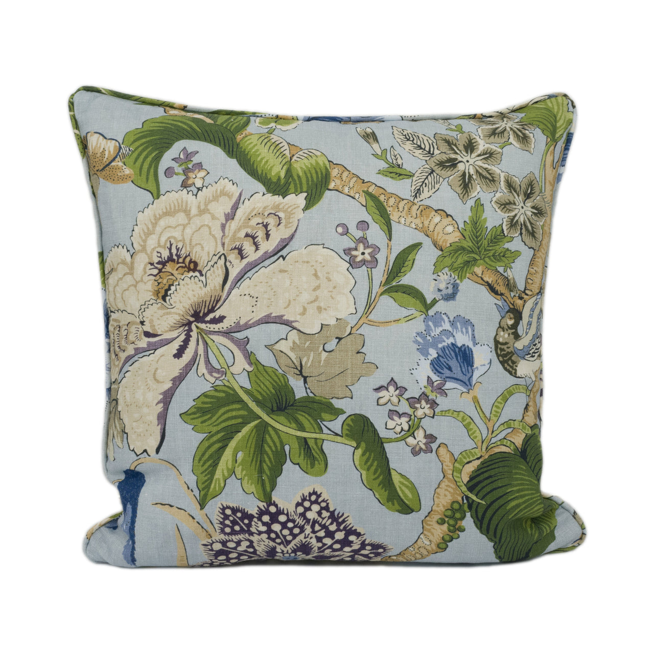 Thibaut - Hill Garden - Spa Blue - Traditional Self Piped Floral Cushion Cover - Handmade Throw Pillow - Designer Home Décor