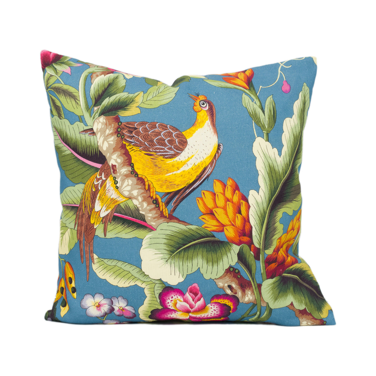 Charles Burger - Toile Pheasans - Multi on Bleu - Bright Florals & Birds Cushion Cover - Handmade Throw Pillow - Designer Home Décor