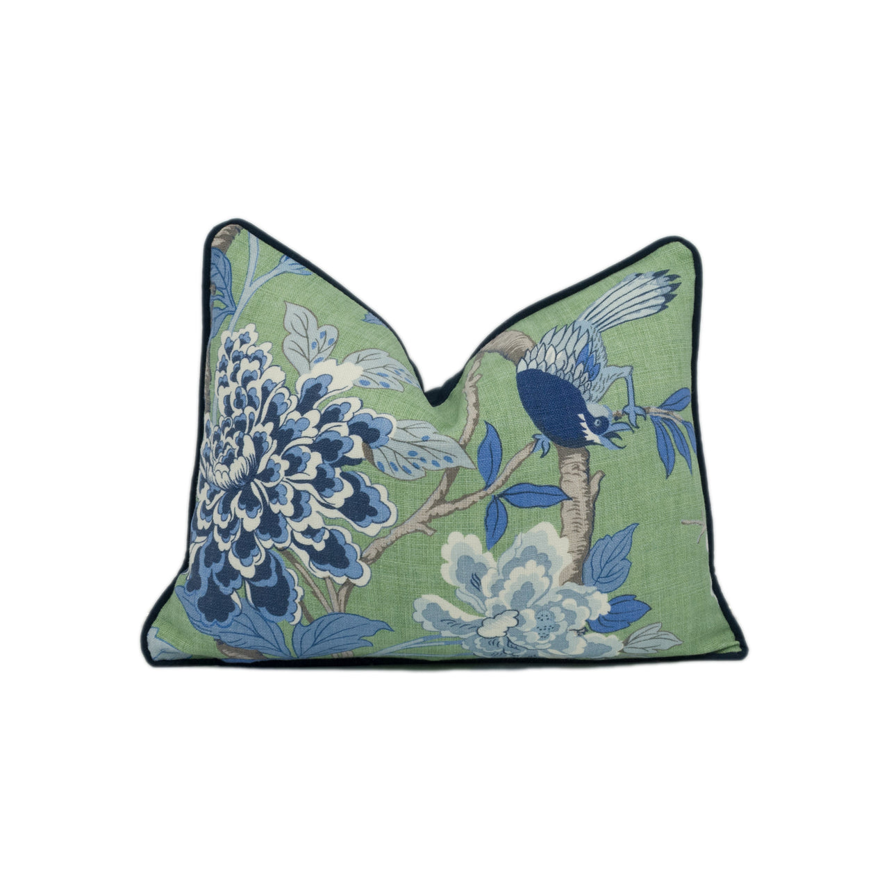 GP & J Baker - Hydrangea Bird - Emerald / Blue - Chinese Inspired Contrast Piped Cushion Cover - Handmade Throw Pillow - Designer Home Décor