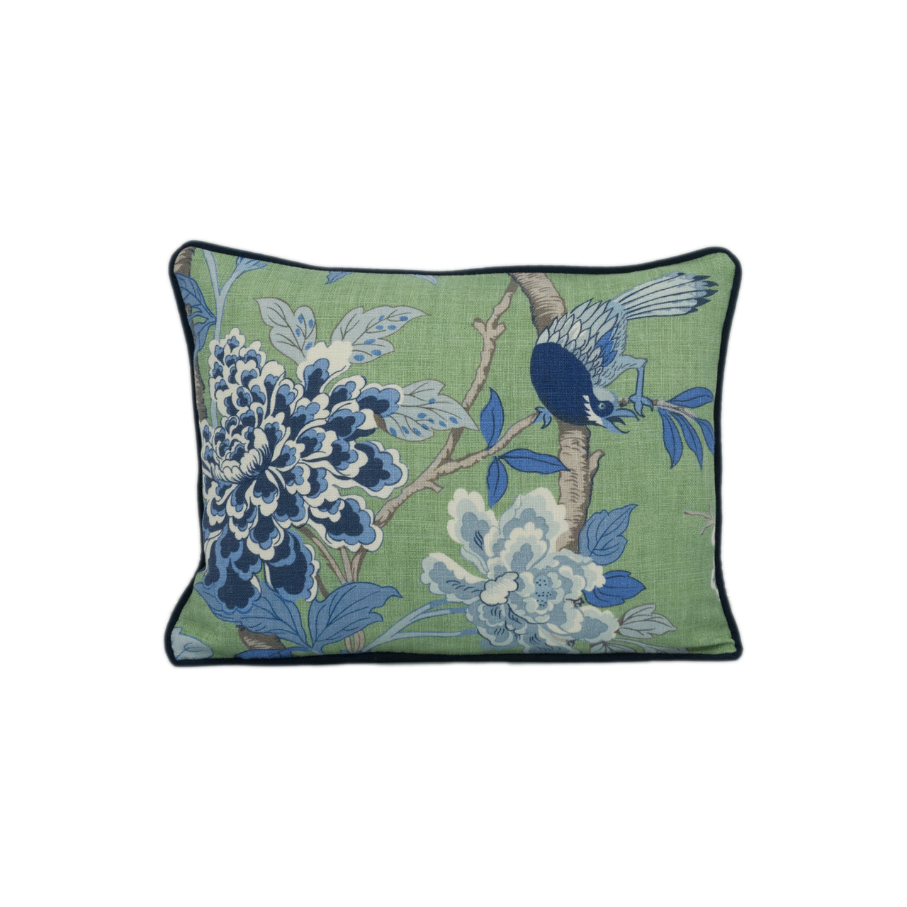 GP & J Baker - Hydrangea Bird - Emerald / Blue - Chinese Inspired Contrast Piped Cushion Cover - Handmade Throw Pillow - Designer Home Décor