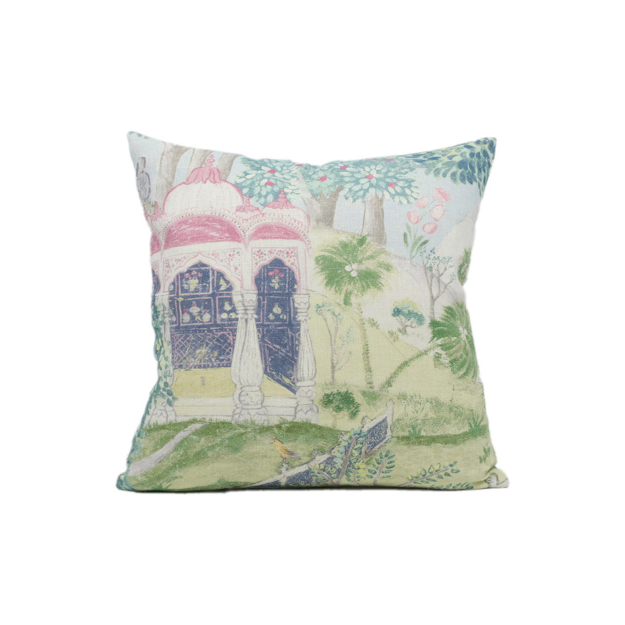 Zoffany - Peacock Garden - Moss / Pink - Indian Landscape Garden Cushion Cover - Handmade Throw Pillow - Designer Home Décor