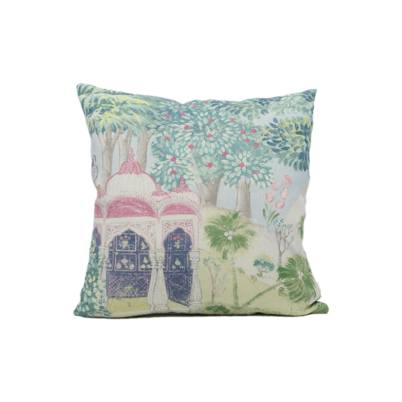 Zoffany - Peacock Garden - Moss / Pink - Indian Landscape Garden Cushion Cover - Handmade Throw Pillow - Designer Home Décor