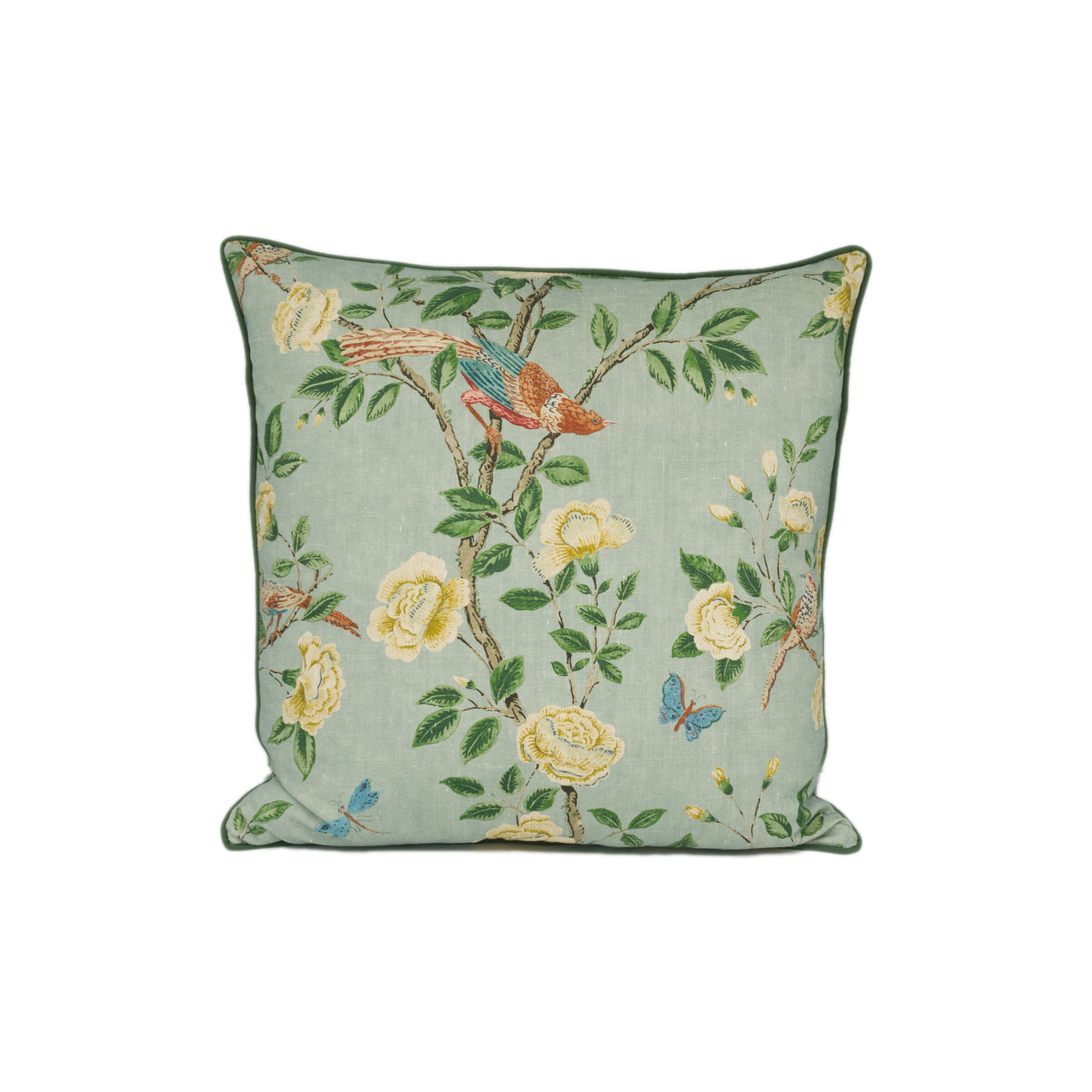 Sanderson - Andhara - Seaglass - Classic Floral Birds Print Contrast Piped Cushion Cover Throw Pillow Designer Home Décor