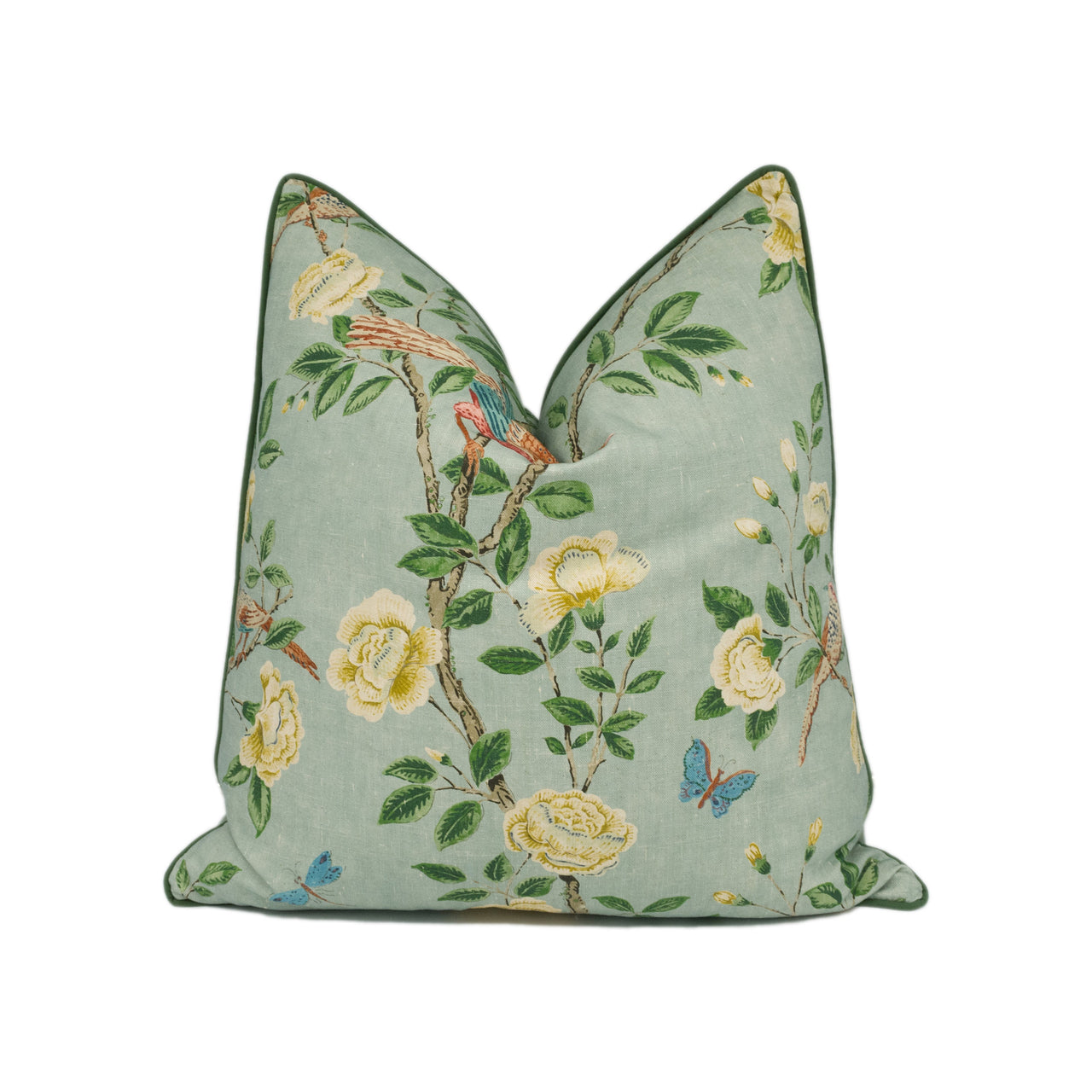 Sanderson - Andhara - Seaglass - Classic Floral Birds Print Contrast Piped Cushion Cover Throw Pillow Designer Home Décor