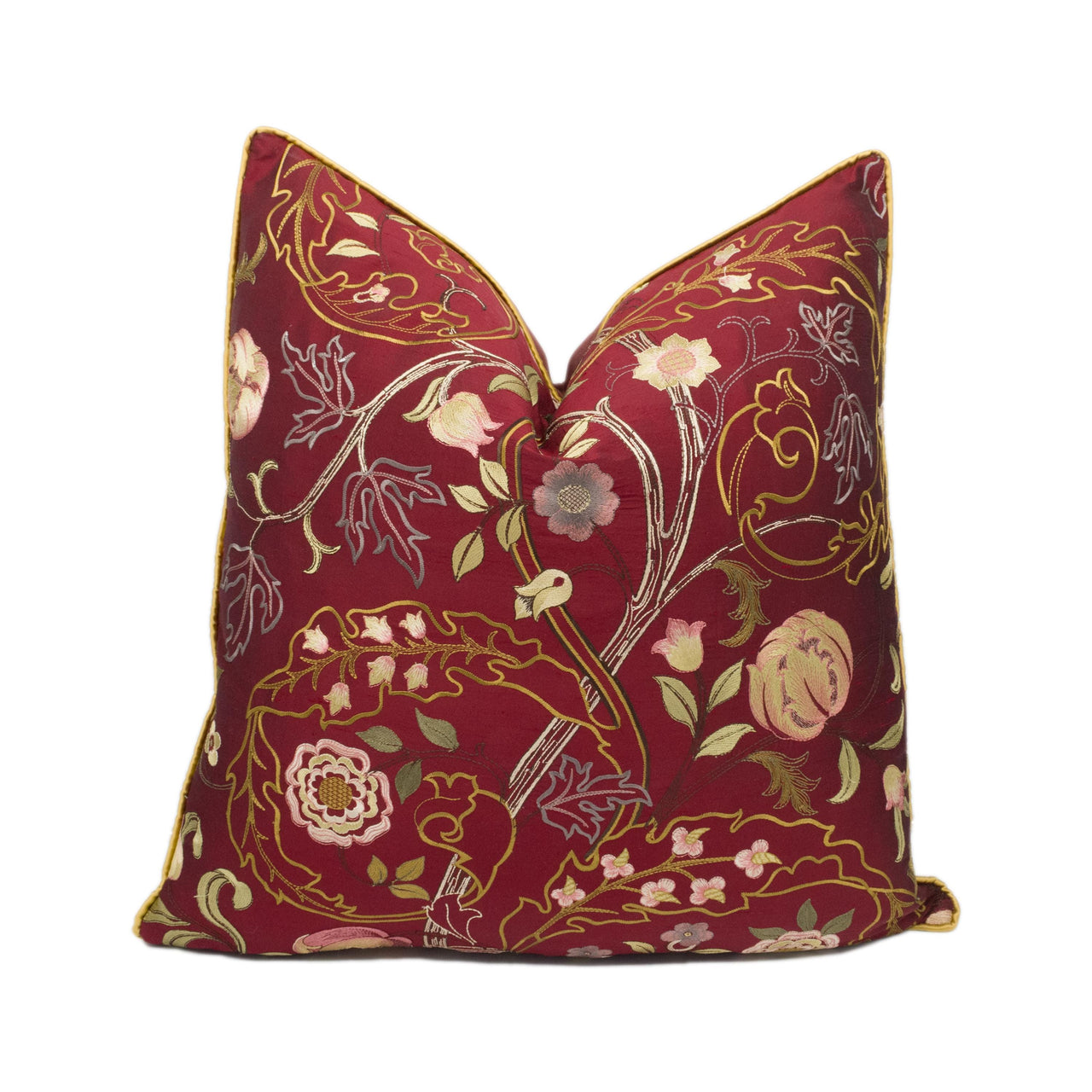 William Morris - Mary Isobel Embroideries - Wine / Rose - Contrast Piped Cushion Cover Throw Pillow Designer Home Decor