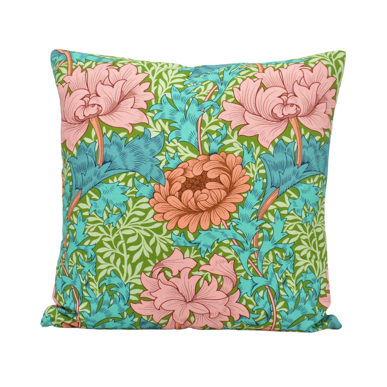 a blue and green pillow with pink flowers on it