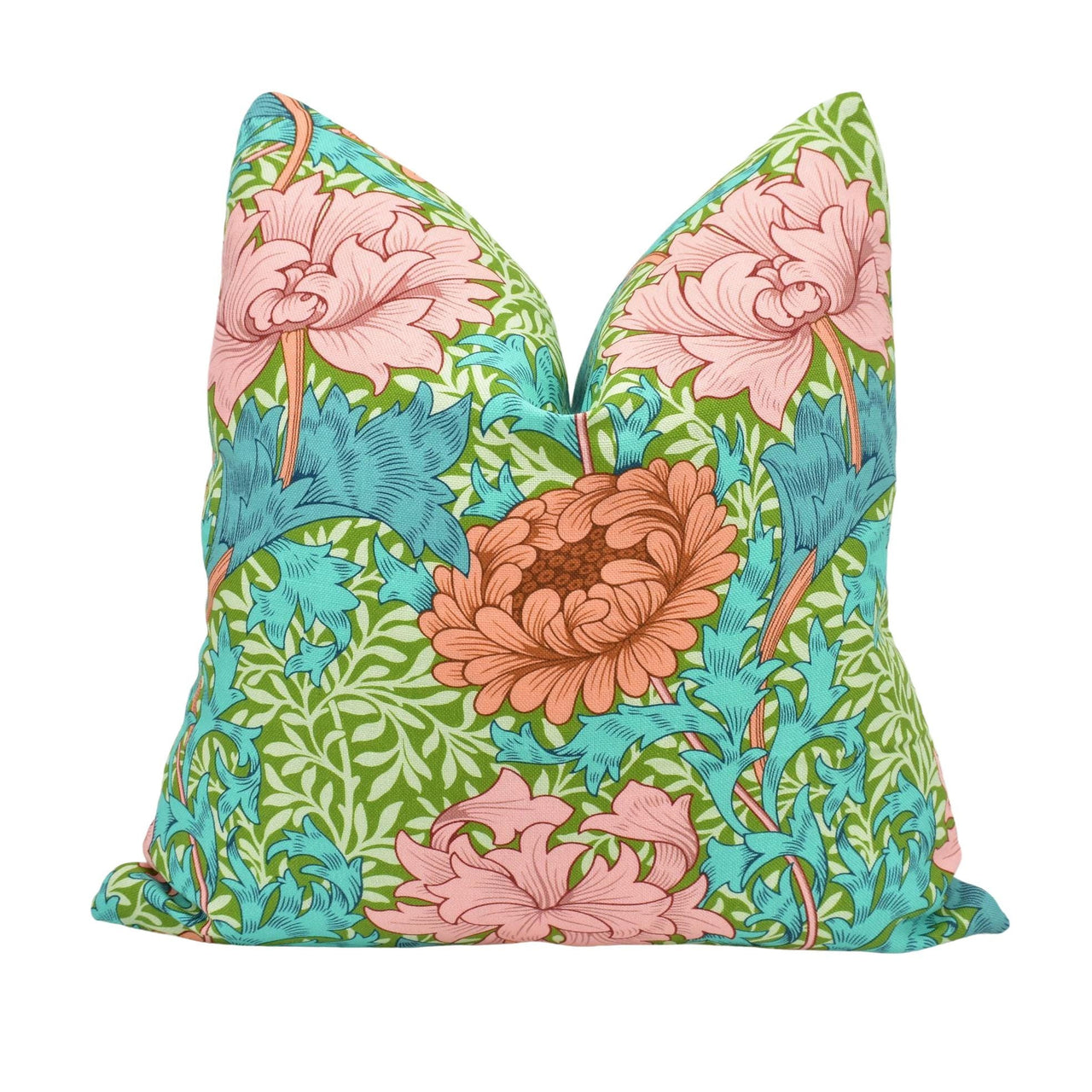 a green and pink pillow with flowers on it