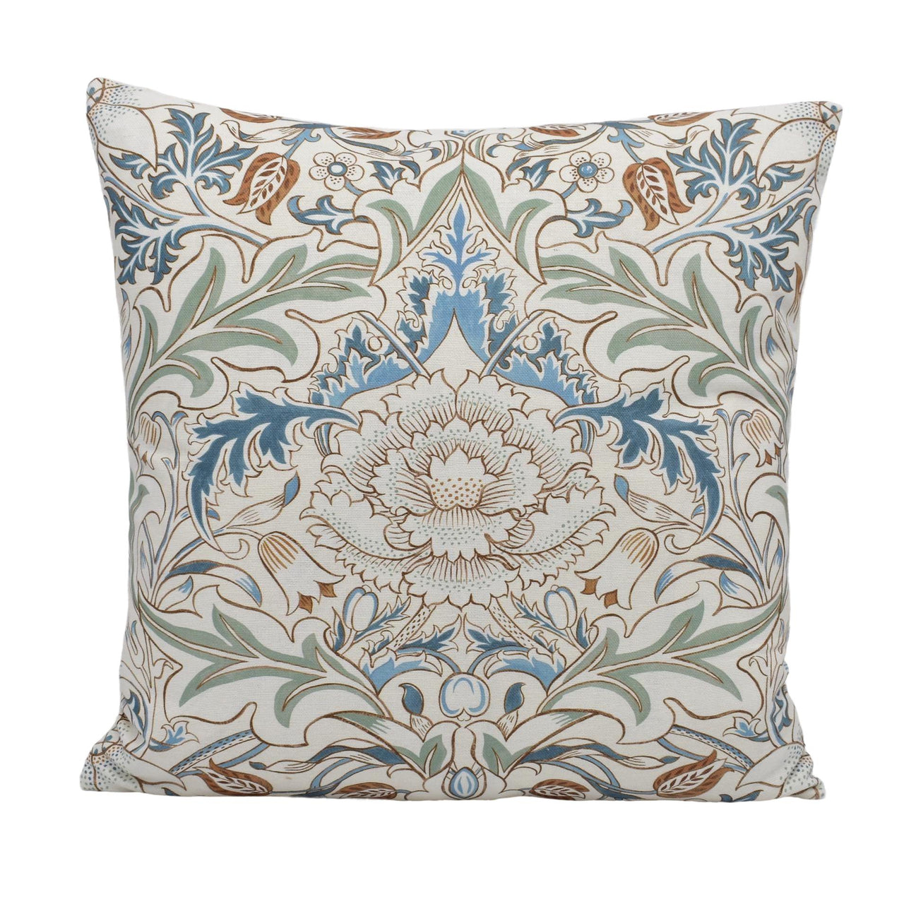 a blue and white pillow with a flower design