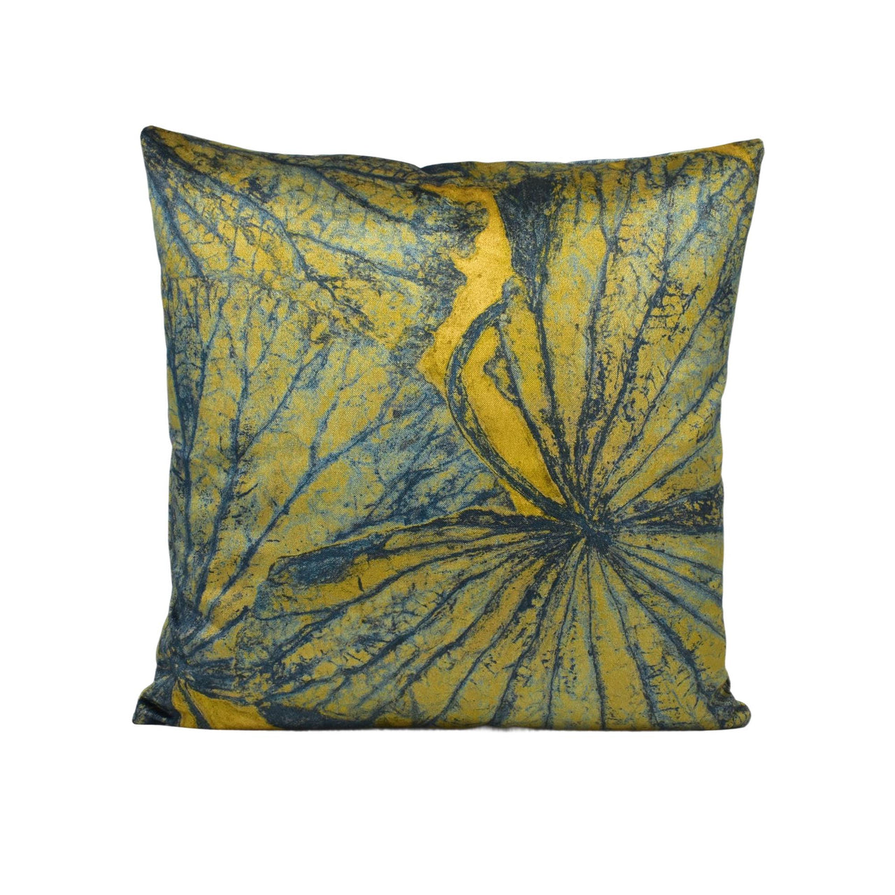 a yellow and blue pillow with a leaf design on it