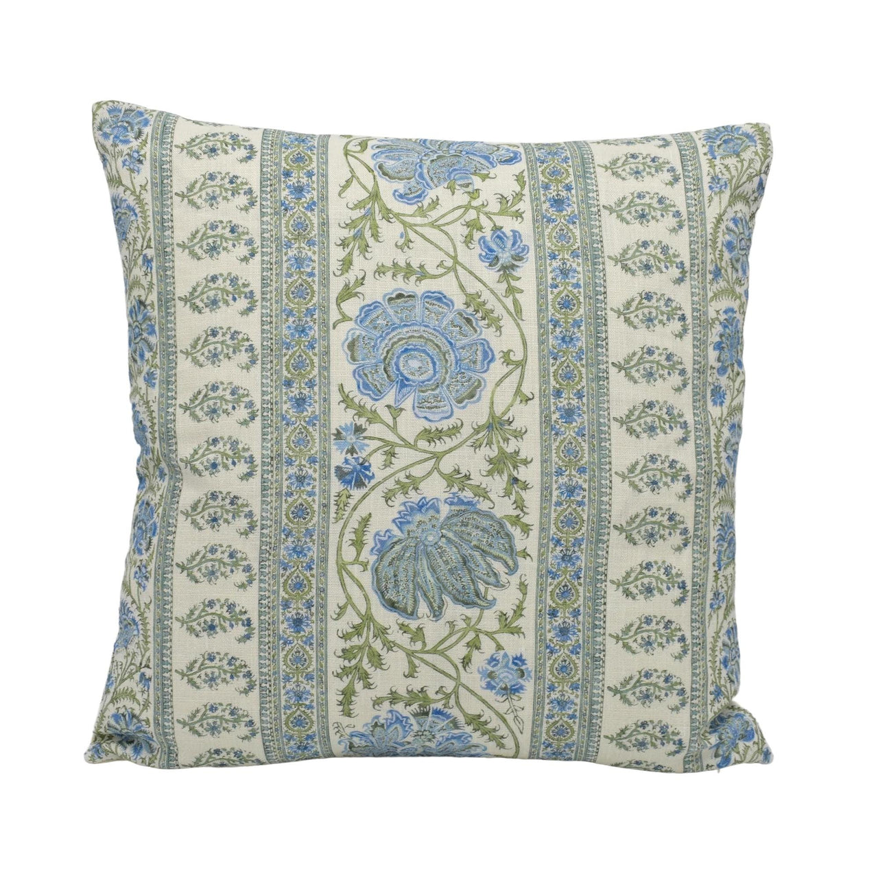 a blue and white pillow with a floral design