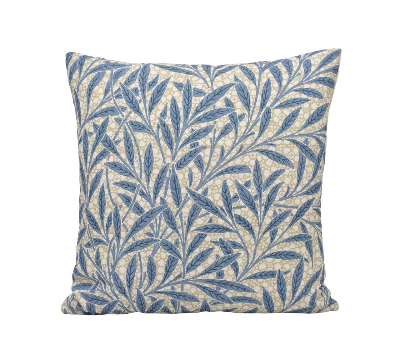 a blue and white pillow on a white background