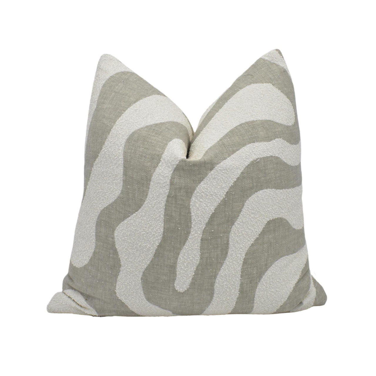 a gray and white zebra print pillow on a white background