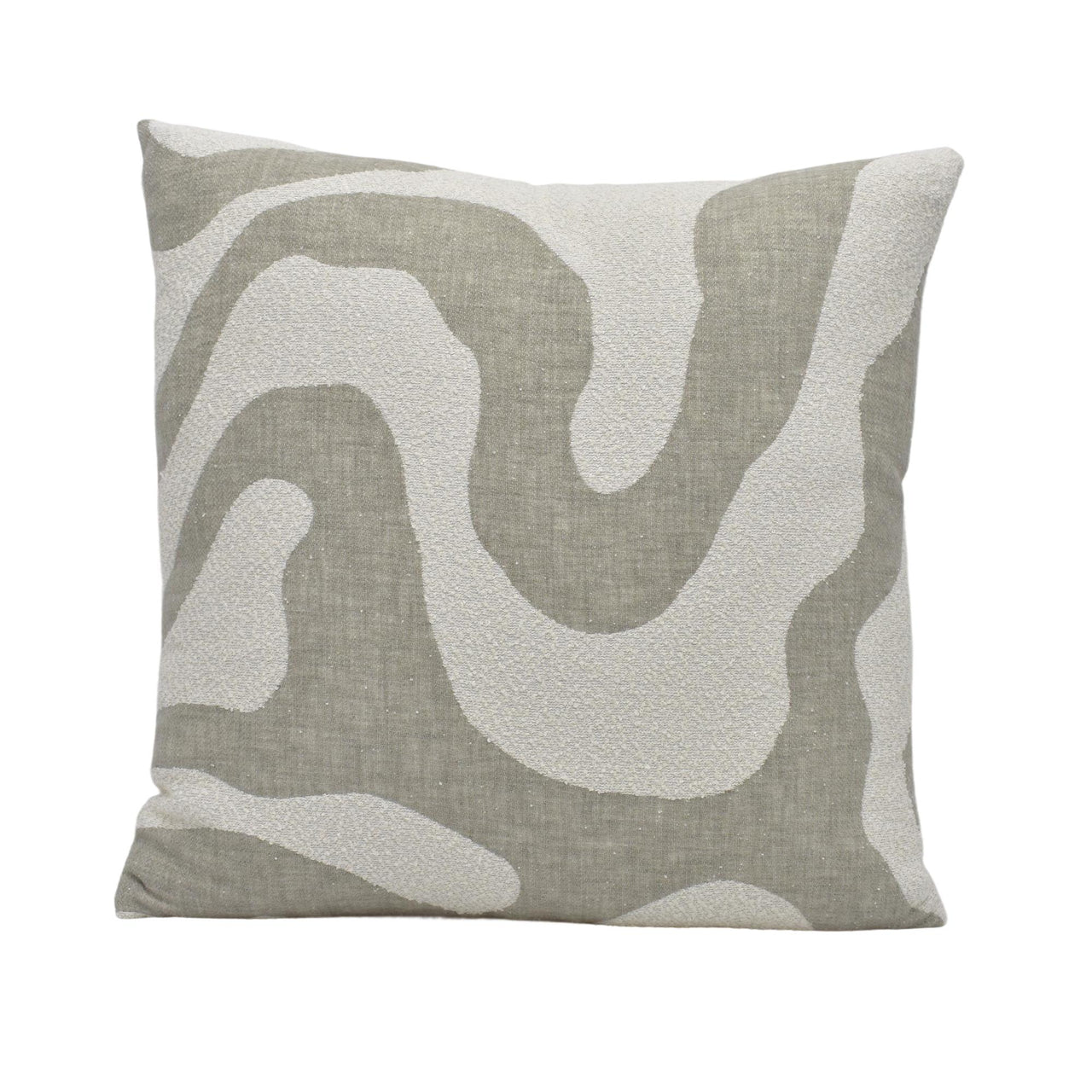 a gray and white pillow on a white background